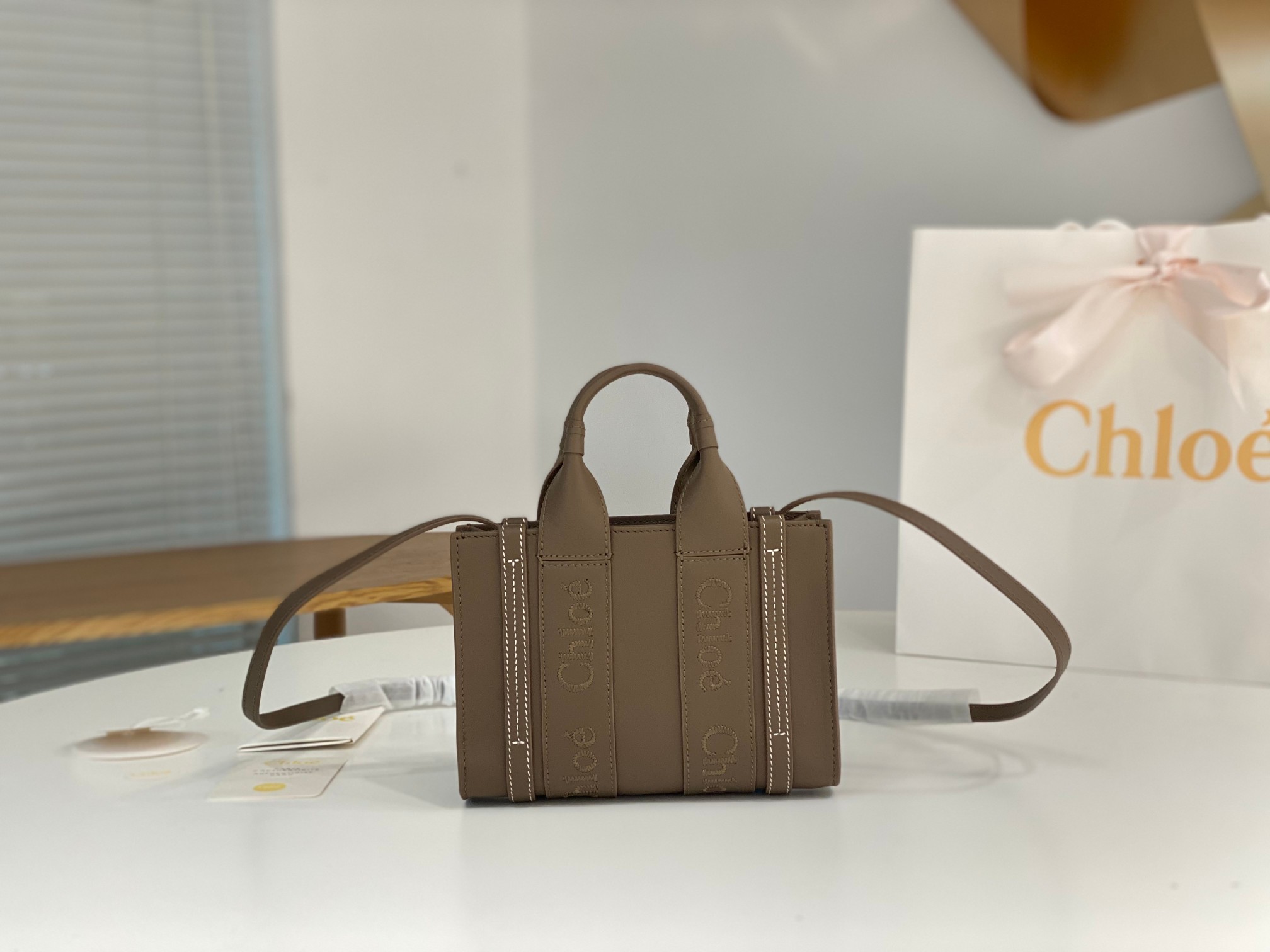 Chloe Mini Woody Tote Bag In Dark Khaki Soft Smooth Calfskin Leather